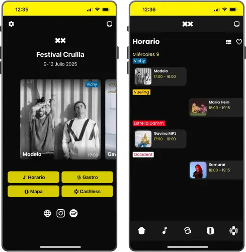 Teléfonos Móviles mostrando la interfaz de horarios